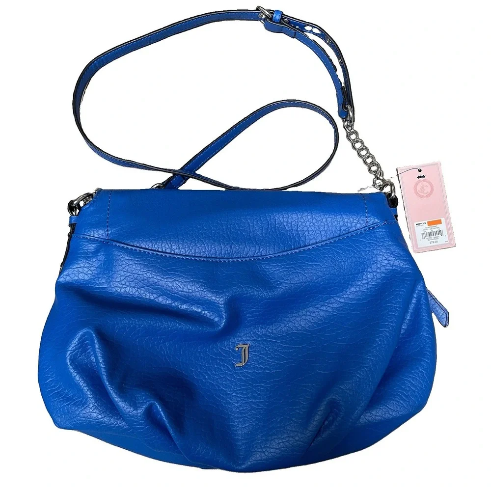 JUICY COUTURE Bag Purse Fold Over Zip Flap Crossbody Colbalt Blue Vegan NEW